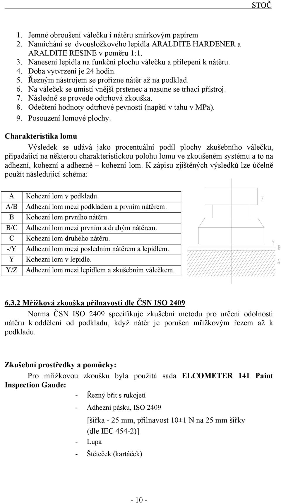 Na váleček se umístí vnější prstenec a nasune se trhací přístroj. 7. Následně se provede odtrhová zkouška. 8. Odečtení hodnoty odtrhové pevnosti (napětí v tahu v MPa). 9. Posouzení lomové plochy.