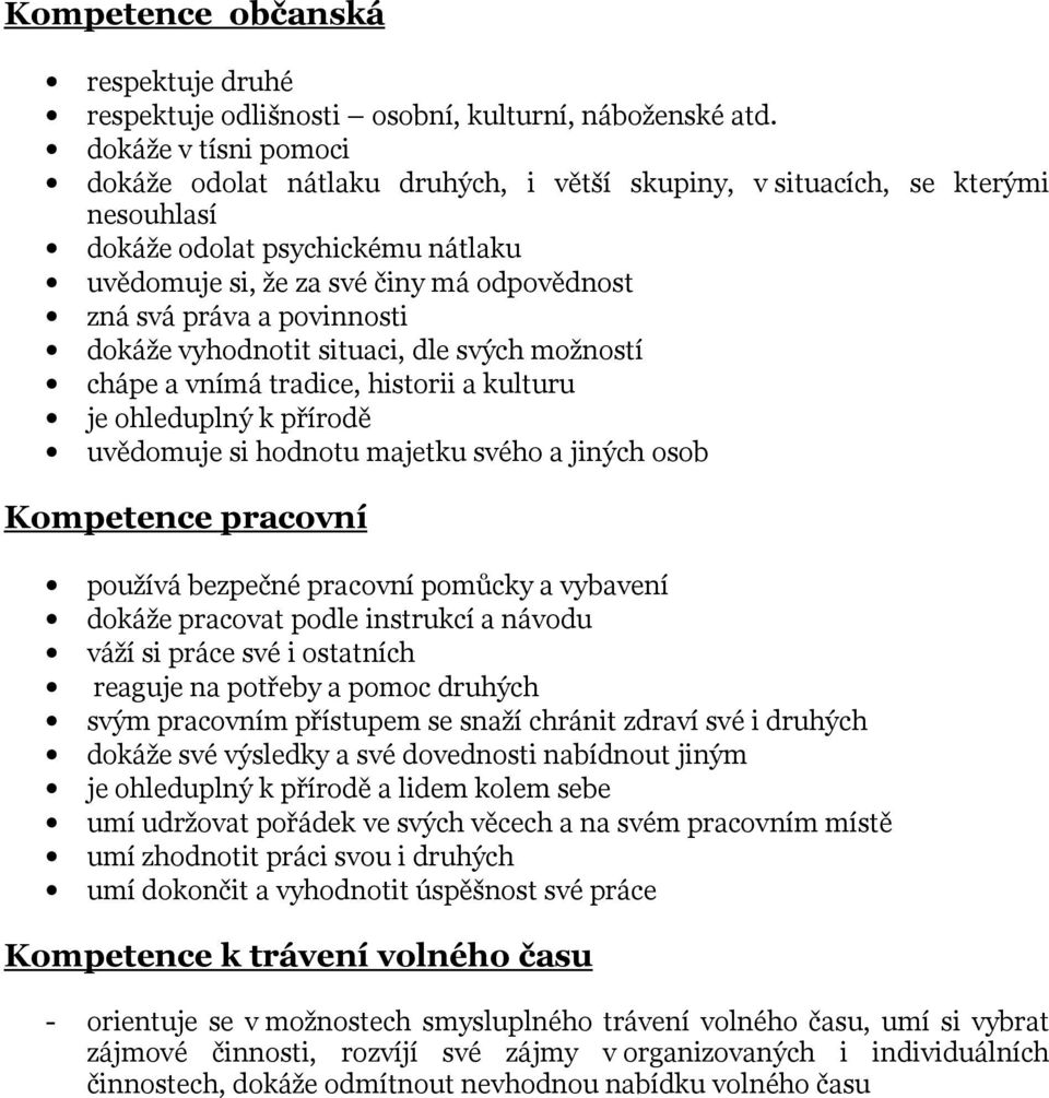 povinnosti dokáže vyhodnotit situaci, dle svých možností chápe a vnímá tradice, historii a kulturu je ohleduplný k přírodě uvědomuje si hodnotu majetku svého a jiných osob Kompetence pracovní používá