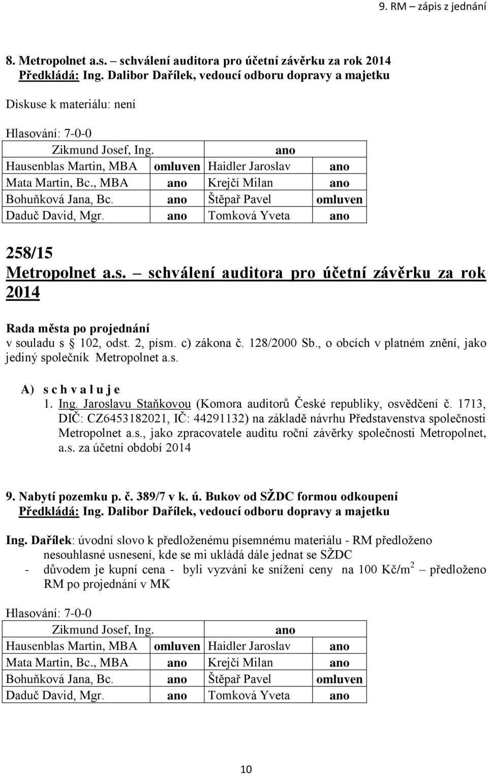 Štěpař Pavel omluven Daduč David, Mgr. Tomková Yveta 258/15 Metropolnet a.s. schválení auditora pro účetní závěrku za rok 2014 v souladu s 102, odst. 2, písm. c) zákona č. 128/2000 Sb.