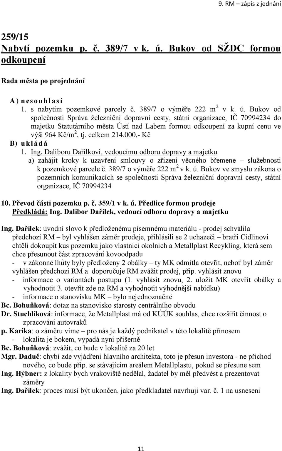 Bukov od společnosti Správa železniční dopravní cesty, státní organizace, IČ 70994234 do majetku Statutárního města Ústí nad Labem formou odkoupení za kupní cenu ve výši 964 Kč/m 2, tj. celkem 214.