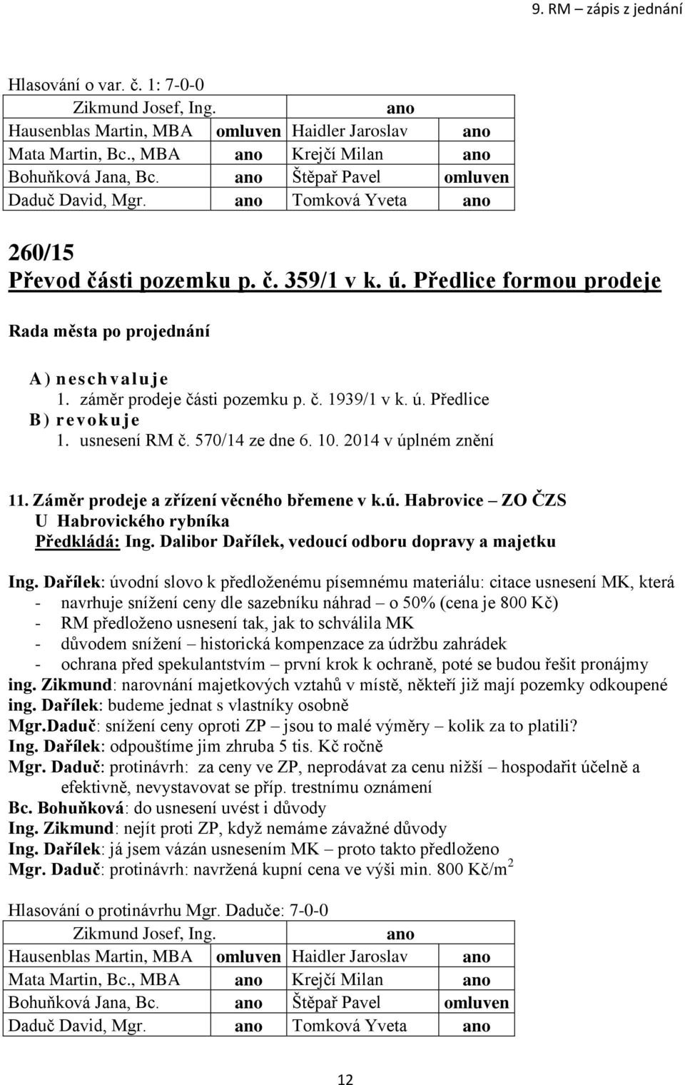 570/14 ze dne 6. 10. 2014 v úplném znění 11. Záměr prodeje a zřízení věcného břemene v k.ú. Habrovice ZO ČZS U Habrovického rybníka Předkládá: Ing.