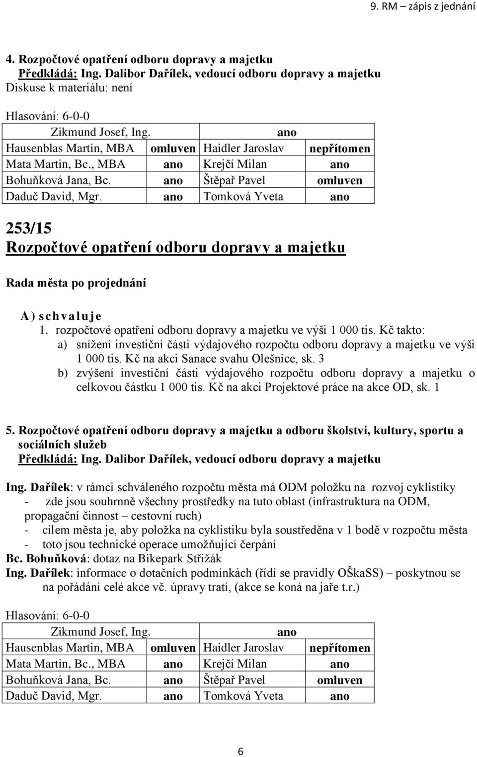 , MBA Krejčí Milan Bohuňková Jana, Bc. Štěpař Pavel omluven Daduč David, Mgr. Tomková Yveta 253/15 Rozpočtové opatření odboru dopravy a majetku A) s ch valuje 1.