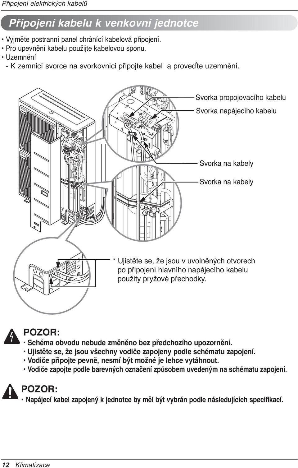 Svorka propojovacího kabelu Svorka napájecího kabelu Svorka na kabely Svorka na kabely * Ujistěte se, že jsou v uvolněných otvorech po připojení hlavního napájecího kabelu použity pryžové přechodky.