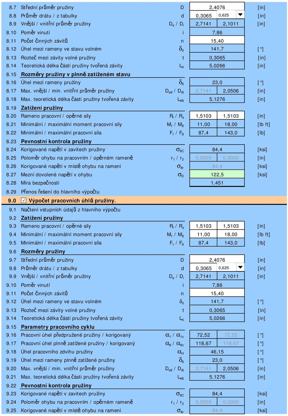 16 Rozměry pružiny v plnně zatíženém stavu Úhel mezi rameny pružiny δ 8 23,0 8.17 Max. vnější / min. vnitřní průměr pružiny D e8 / D i8 2,7141 2,0506 8.18 Max.