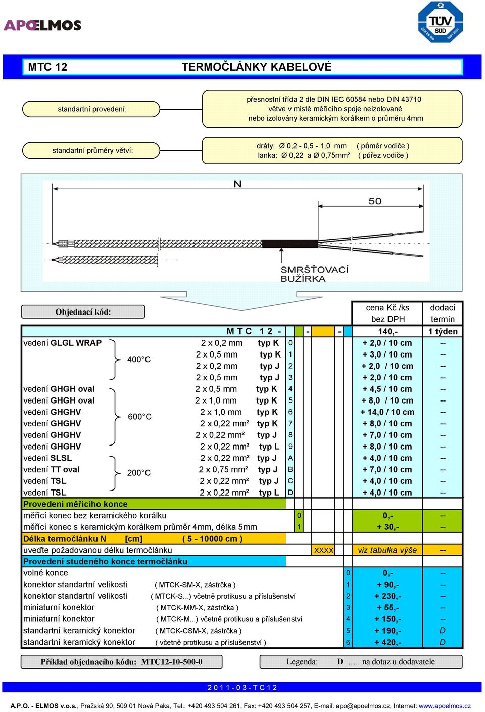 GLGL WRAP 2 x 0,2 mm typ K 0 + 2,0 / 10 cm -- 400 C 2 x 0,5 mm typ K 1 + 3,0 / 10 cm -- 2 x 0,2 mm typ J 2 + 2,0 / 10 cm -- 2 x 0,5 mm typ J 3 + 2,0 / 10 cm -- vedení GHGH oval 2 x 0,5 mm typ K 4 +