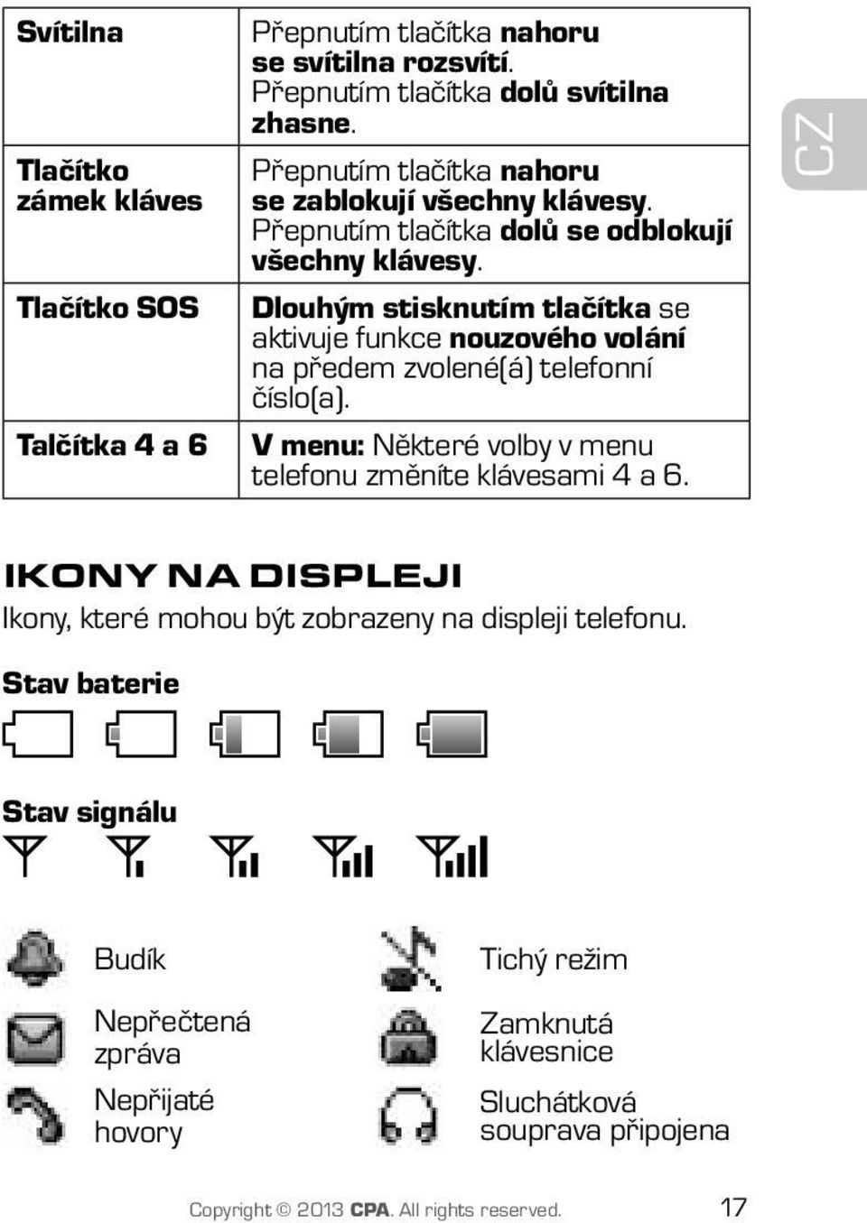 Dlouhým stisknutím tlačítka se aktivuje funkce nouzového volání na předem zvolené(á) telefonní číslo(a). V menu: Některé volby v menu telefonu změníte klávesami 4 a 6.