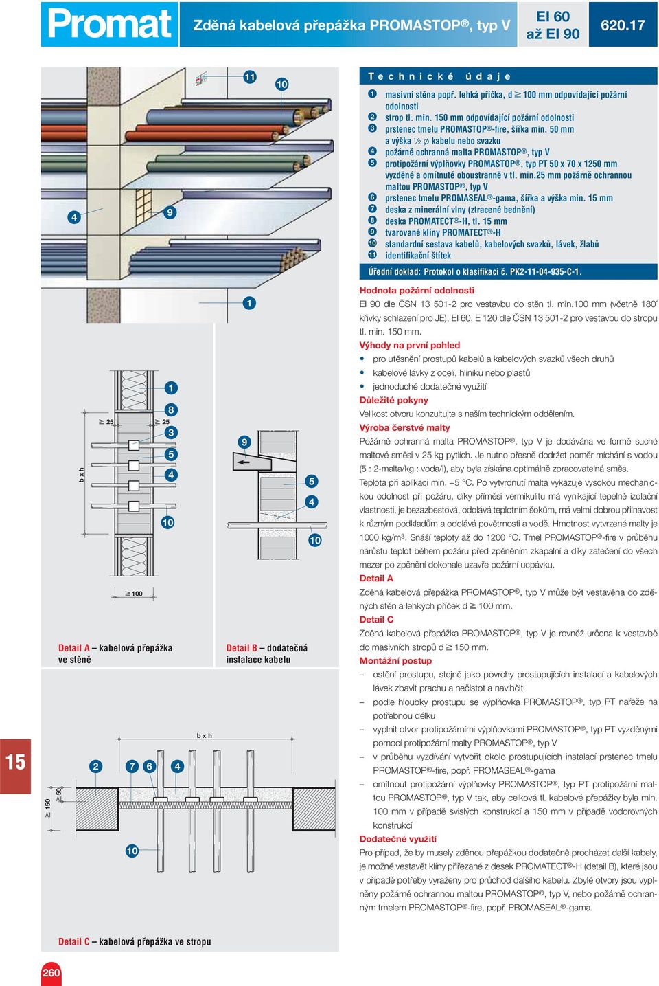 0 mm a výška l kabelu nebo svazku požárně ochranná malta PROMASTOP, typ V protipožární výplňovky PROMASTOP, typ PT 0 x 70 x 0 mm vyzděné a omítnuté oboustranně v tl. min.