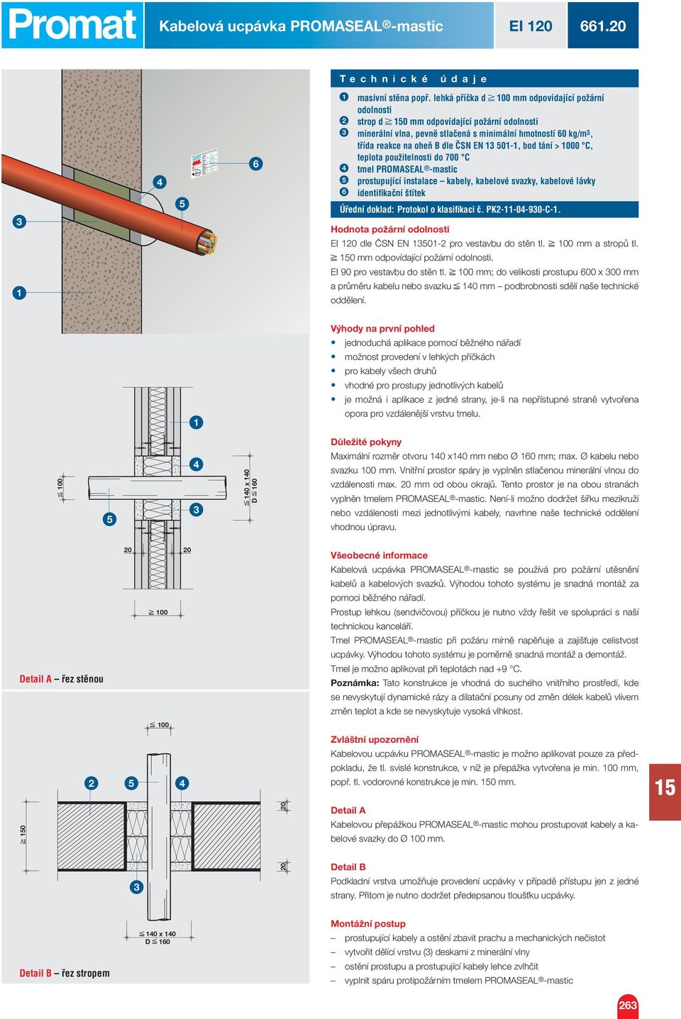 tání > 000 C, teplota použitelnosti do 700 C tmel PROMASEAL -mastic prostupující instalace kabely, kabelové svazky, kabelové lávky identifi kační štítek Úřední doklad: Protokol o klasifi kaci č.