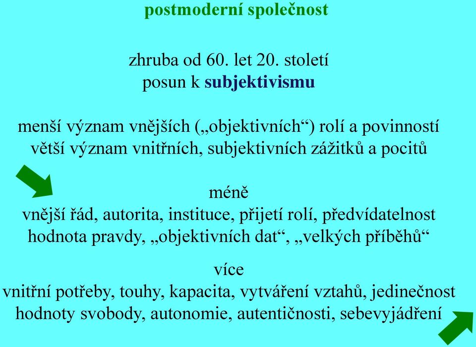 vnitřních, subjektivních zážitků a pocitů méně vnější řád, autorita, instituce, přijetí rolí,