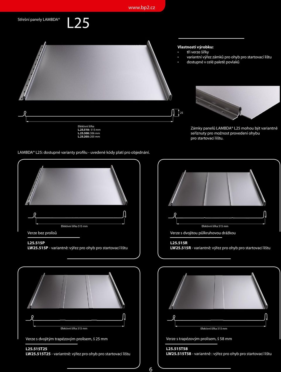 Verze bez prolisů Efektivní šířka 515 mm Efektivní šířka 515 mm Verze s dvojitou půlkruhovou drážkou L25.515P LW25.515P - variantně: výřez pro ohyb pro startovací lištu L25.515R LW25.