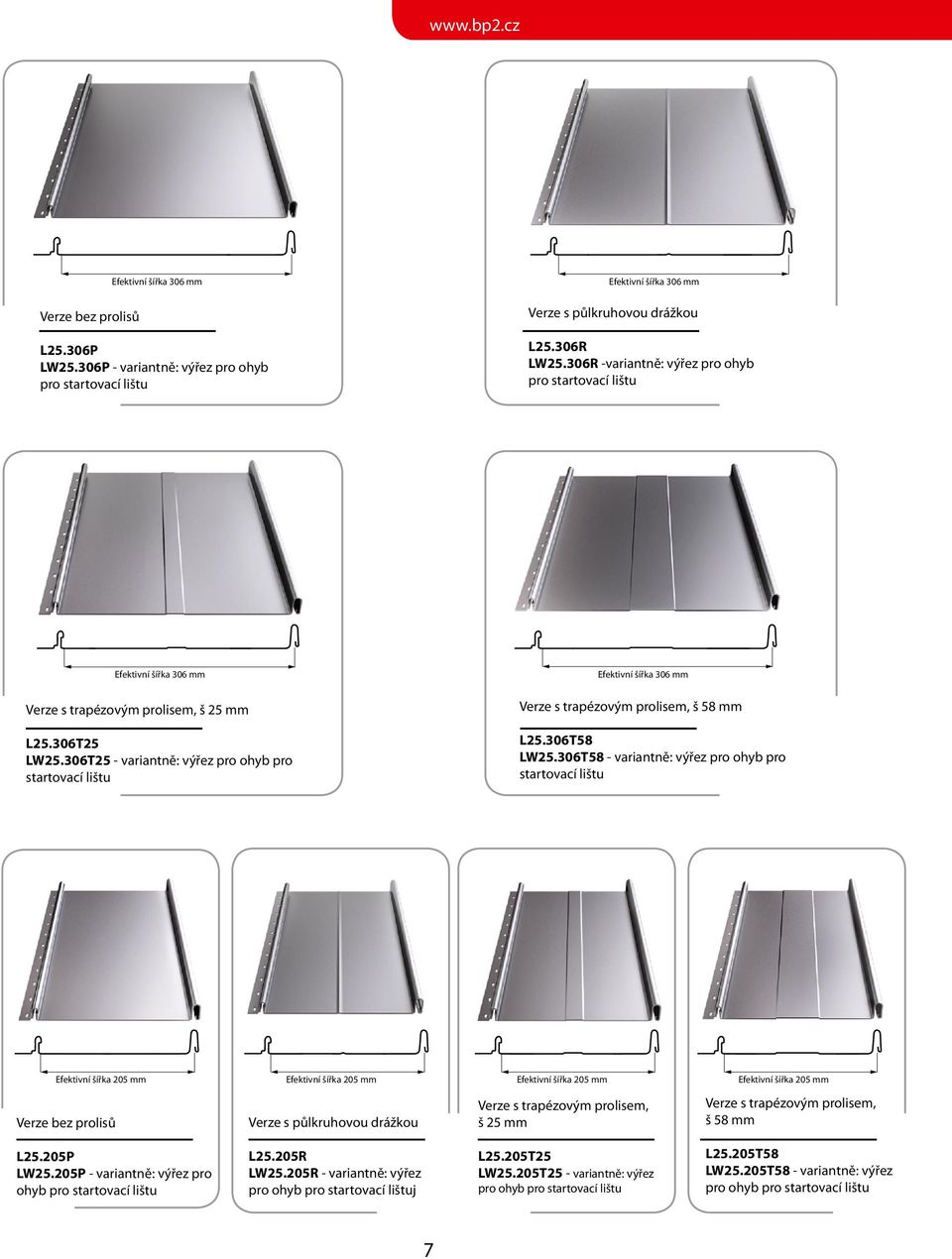 306T25 - variantně: výřez pro ohyb pro startovací lištu Efektivní šířka 306 mm Verze s trapézovým prolisem, š 58 mm L25.306T58 LW25.