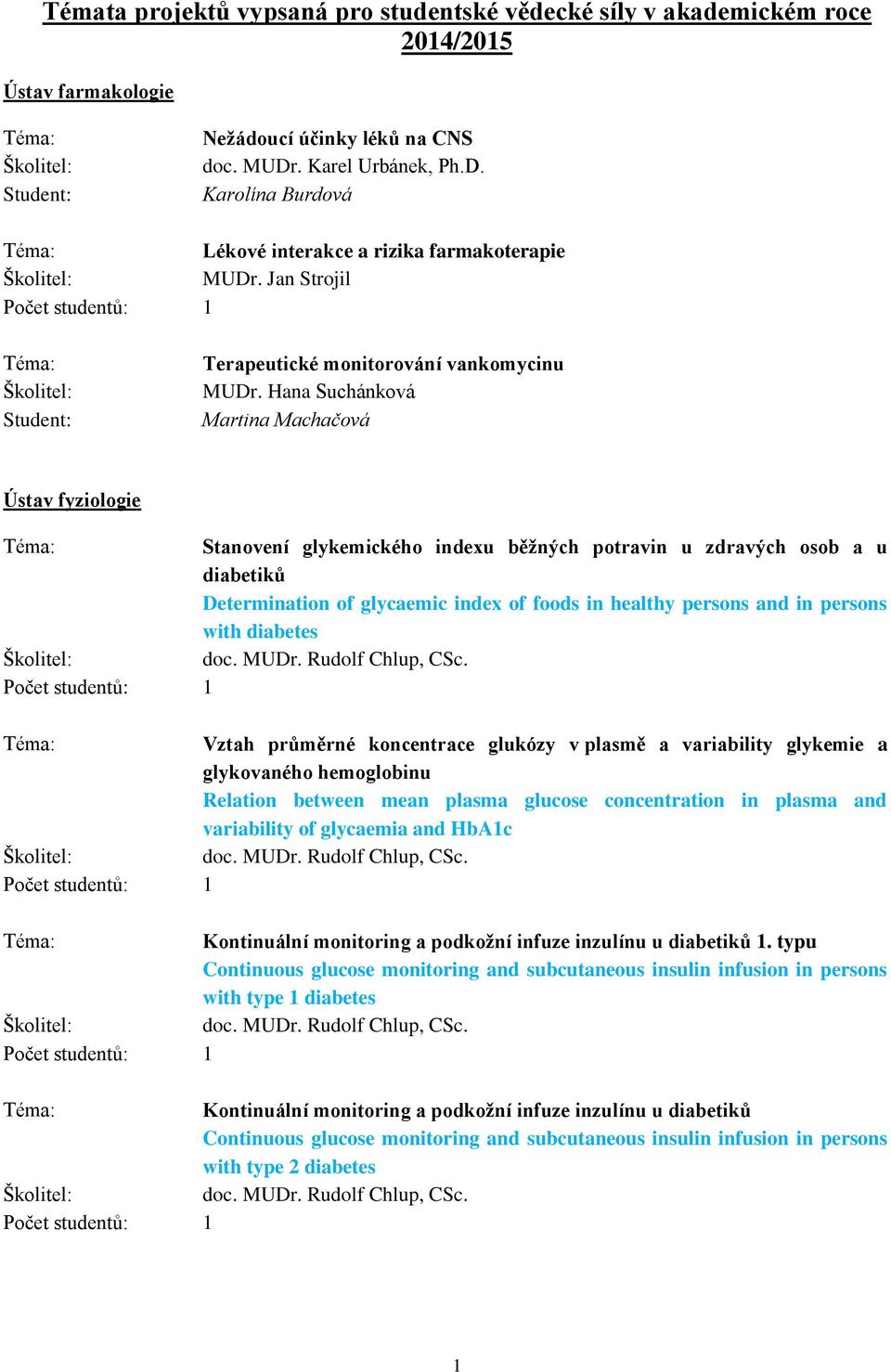 Hana Suchánková Martina Machačová Ústav fyziologie Stanovení glykemického indexu běžných potravin u zdravých osob a u diabetiků Determination of glycaemic index of foods in healthy persons and in