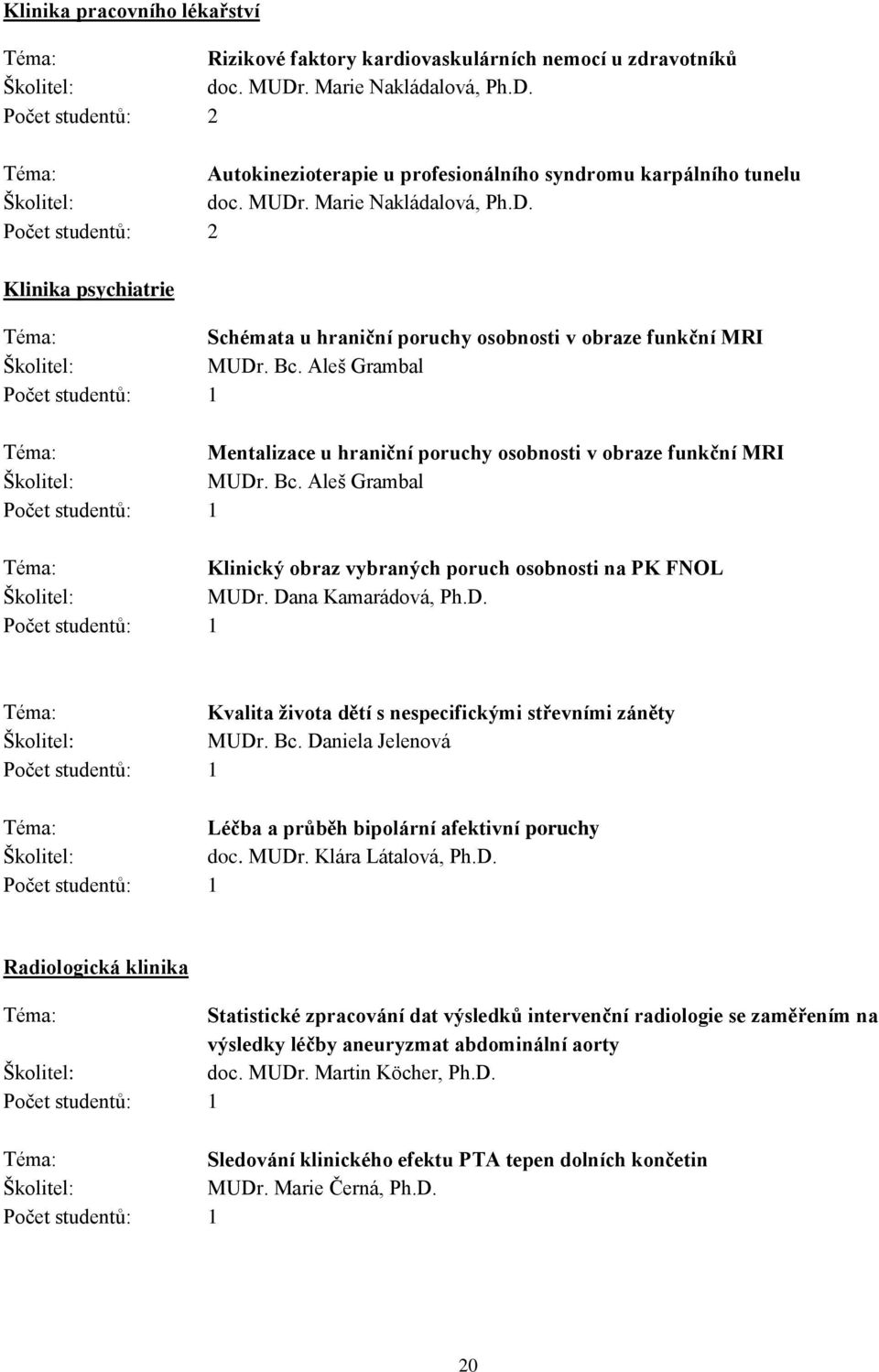 Bc. Daniela Jelenová Léčba a průběh bipolární afektivní poruchy doc. MUDr. Klára Látalová, Ph.D. Radiologická klinika Statistické zpracování dat výsledků intervenční radiologie se zaměřením na výsledky léčby aneuryzmat abdominální aorty doc.