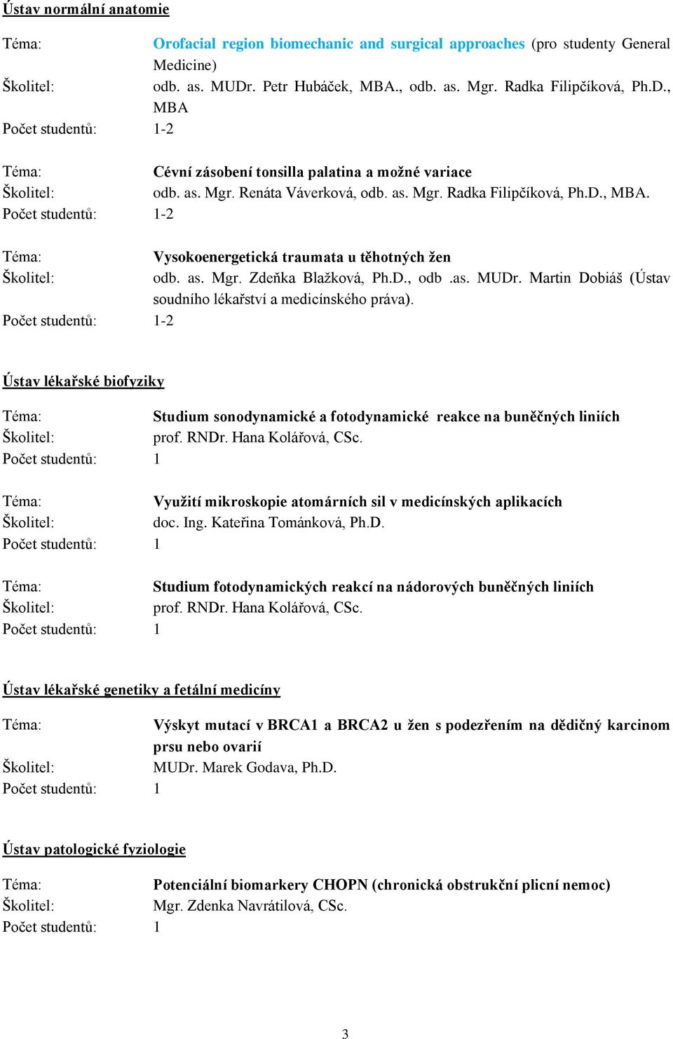 Martin Dobiáš (Ústav soudního lékařství a medicínského práva). - Ústav lékařské biofyziky Studium sonodynamické a fotodynamické reakce na buněčných liniích prof. RNDr. Hana Kolářová, CSc.