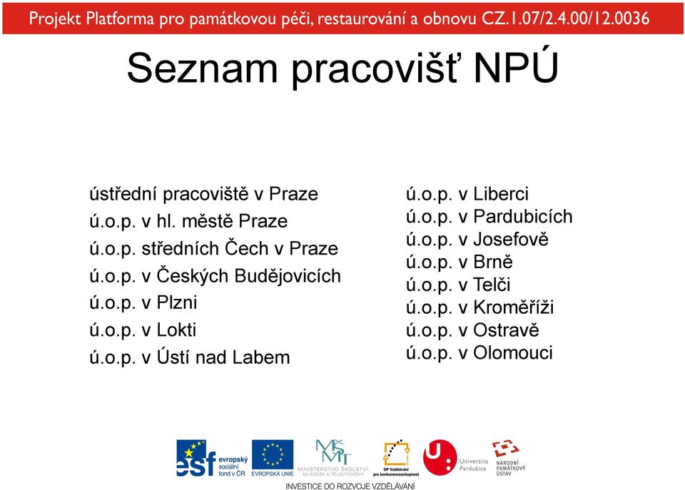 o.p. v Liberci ú.o.p. v Pardubicích ú.o.p. v Josefově ú.o.p. v Brně ú.o.p. v Telči ú.