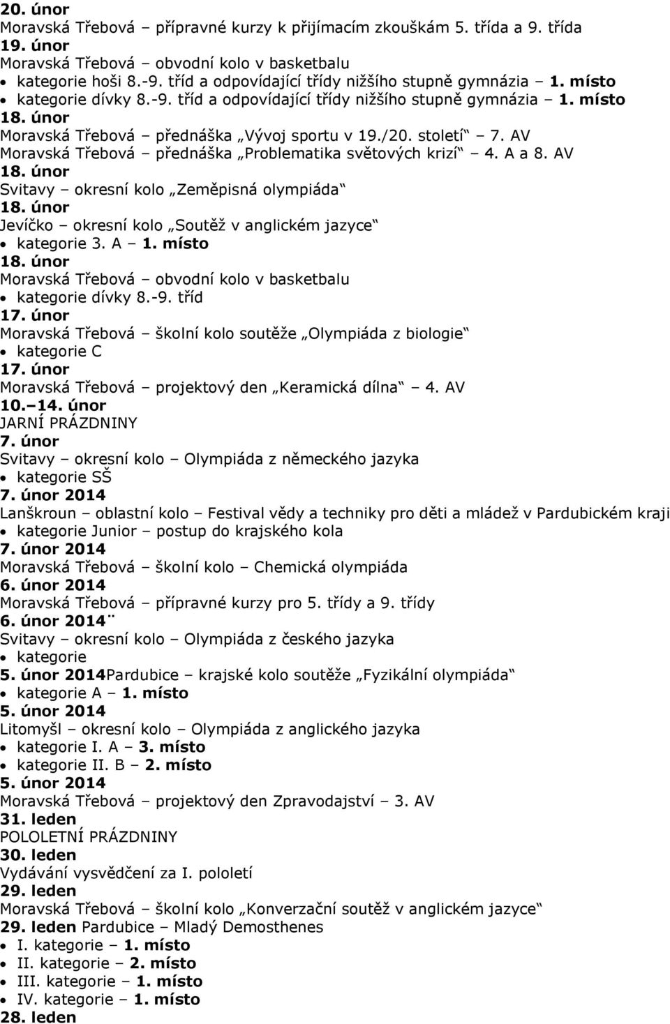 století 7. AV Moravská Třebová přednáška Problematika světových krizí 4. A a 8. AV 18. únor Svitavy okresní kolo Zeměpisná olympiáda 18.