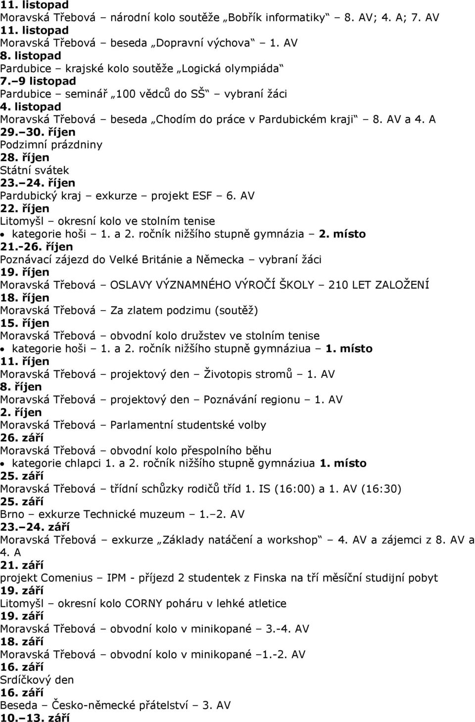 AV a 4. A 29. 30. říjen Podzimní prázdniny 28. říjen Státní svátek 23. 24. říjen Pardubický kraj exkurze projekt ESF 6. AV 22. říjen Litomyšl okresní kolo ve stolním tenise kategorie hoši 1. a 2.