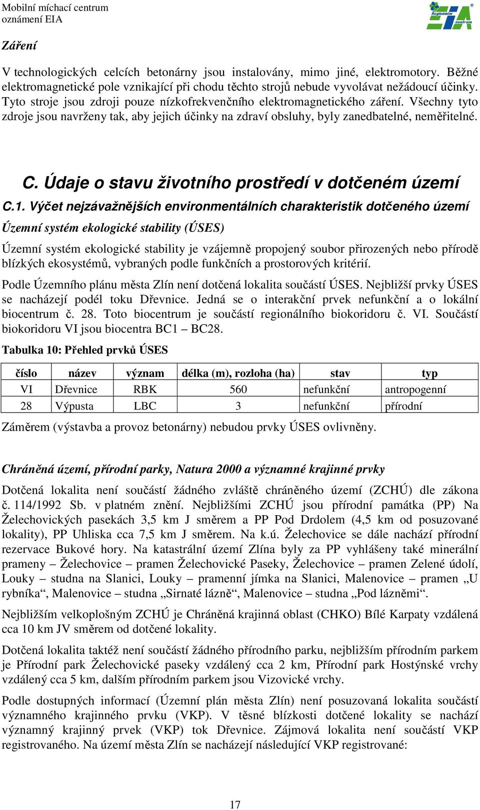 Údaje o stavu životního prostředí v dotčeném území C.1.