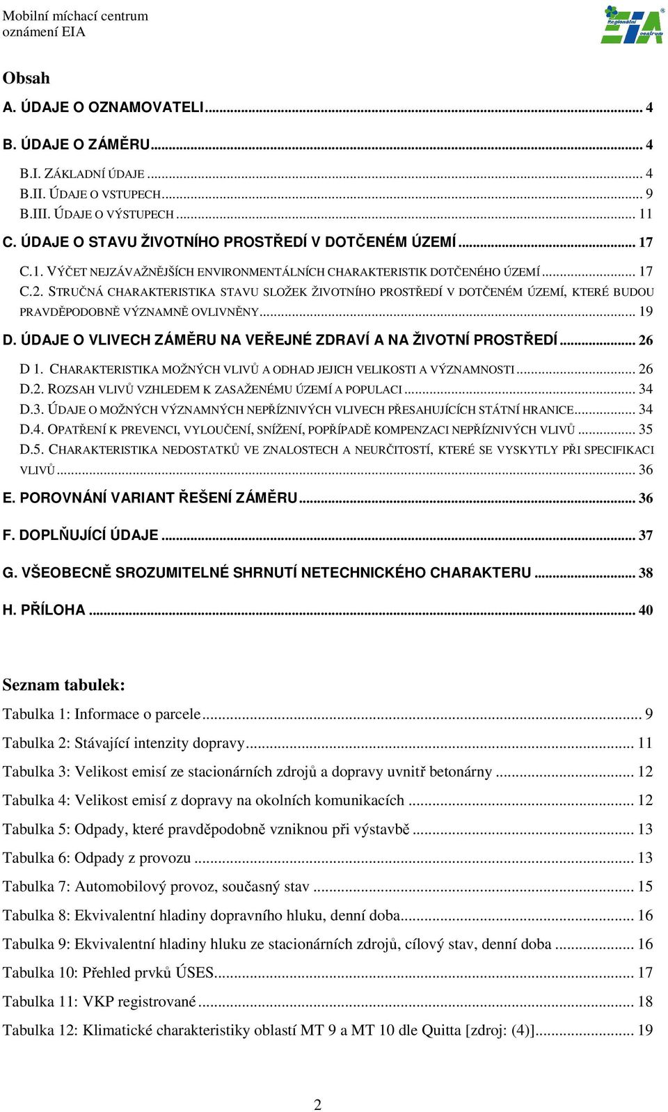 STRUČNÁ CHARAKTERISTIKA STAVU SLOŽEK ŽIVOTNÍHO PROSTŘEDÍ V DOTČENÉM ÚZEMÍ, KTERÉ BUDOU PRAVDĚPODOBNĚ VÝZNAMNĚ OVLIVNĚNY... 19 D. ÚDAJE O VLIVECH ZÁMĚRU NA VEŘEJNÉ ZDRAVÍ A NA ŽIVOTNÍ PROSTŘEDÍ.