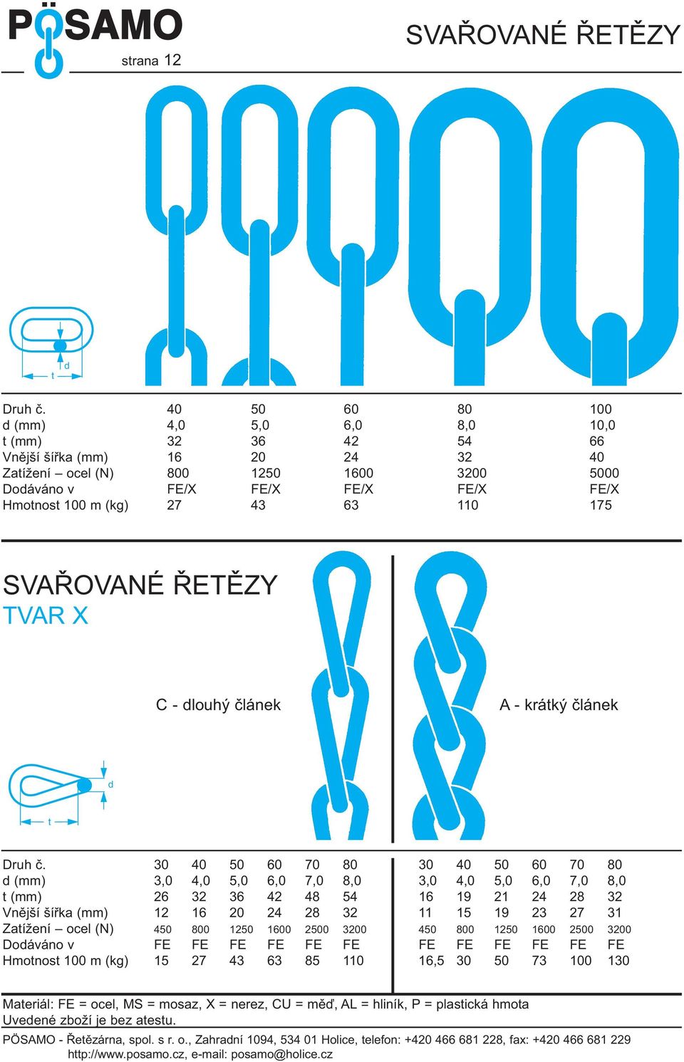 FE/X Hmotnost 100 m (kg) 27 43 63 110 175 SVAŘOVANÉ ŘETĚZY TVAR X C - louhý článek A - krátký článek t Druh č.