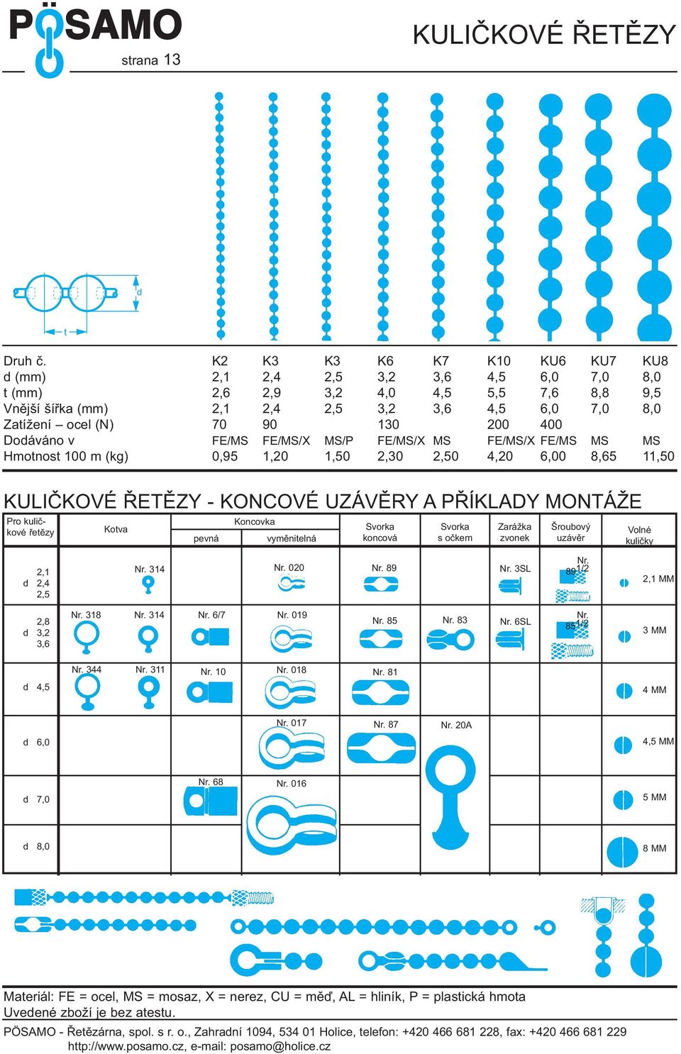 200 400 Doáváno v FE/MS FE/MS/X MS/P FE/MS/X MS FE/MS/X FE/MS MS MS Hmotnost 100 m (kg) 0,95 1,20 1,50 2,30 2,50 4,20 6,00 8,65 11,50 KULIČKOVÉ ŘETĚZY - KONCOVÉ UZÁVĚRY A PŘÍKLADY MONTÁŽE Pro