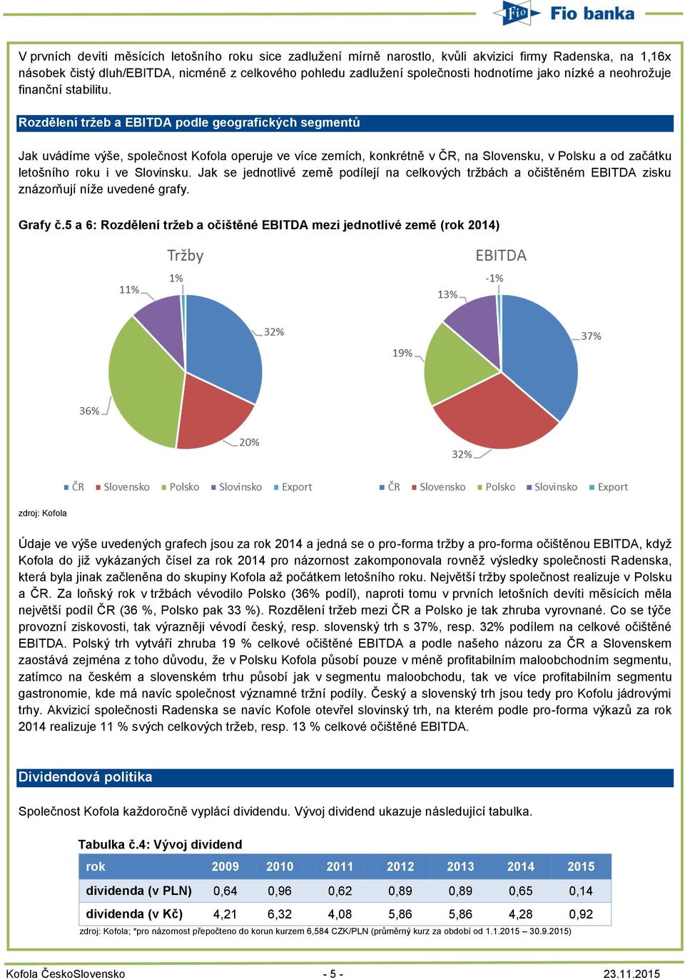 Rozdělení tržeb a EBITDA podle geografických segmentů Jak uvádíme výše, společnost Kofola operuje ve více zemích, konkrétně v ČR, na Slovensku, v Polsku a od začátku letošního roku i ve Slovinsku.