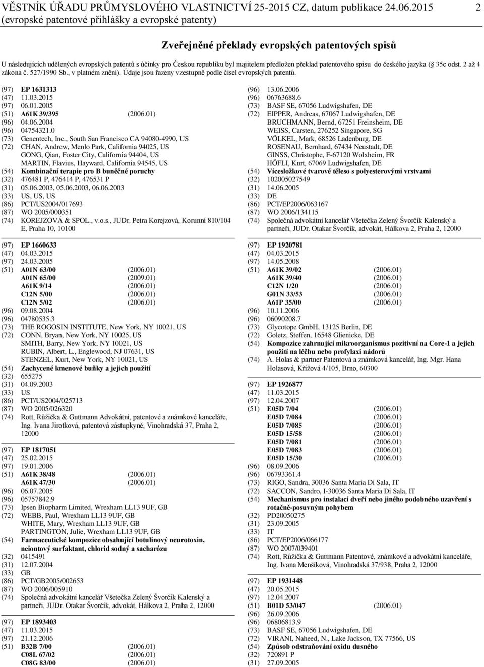 předložen překlad patentového spisu do českého jazyka ( 35c odst. 2 až 4 zákona č. 527/1990 Sb., v platném znění). Údaje jsou řazeny vzestupně podle čísel evropských patentů. (97) EP 1631313 (47) 11.