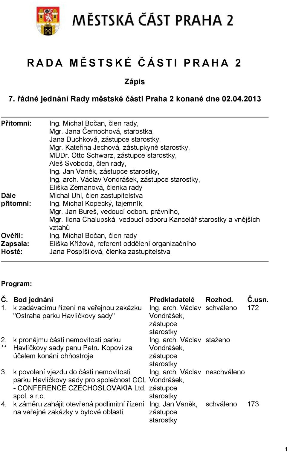 Jan Vaněk, zástupce starostky, Ing. arch. Václav Vondrášek, zástupce starostky, Eliška Zemanová, členka rady Michal Uhl, člen zastupitelstva Ing. Michal Kopecký, tajemník, Mgr.