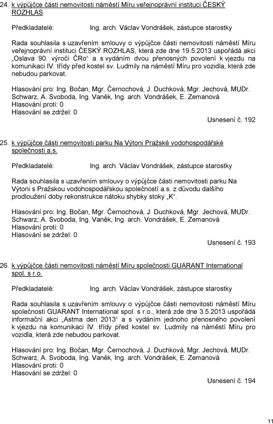 2013 uspořádá akci Oslava 90. výročí ČRo a s vydáním dvou přenosných povolení k vjezdu na komunikaci IV. třídy před kostel sv. Ludmily na náměstí Míru pro vozidla, která zde nebudou parkovat.