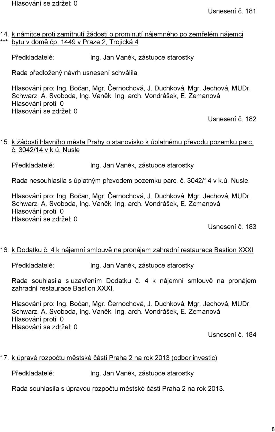 Vondrášek, E. Zemanová Hlasování proti: 0 Hlasování se zdržel: 0 Usnesení č. 182 15. k žádosti hlavního města Prahy o stanovisko k úplatnému převodu pozemku parc. č. 3042/14 v k.ú. Nusle Předkladatelé: Ing.