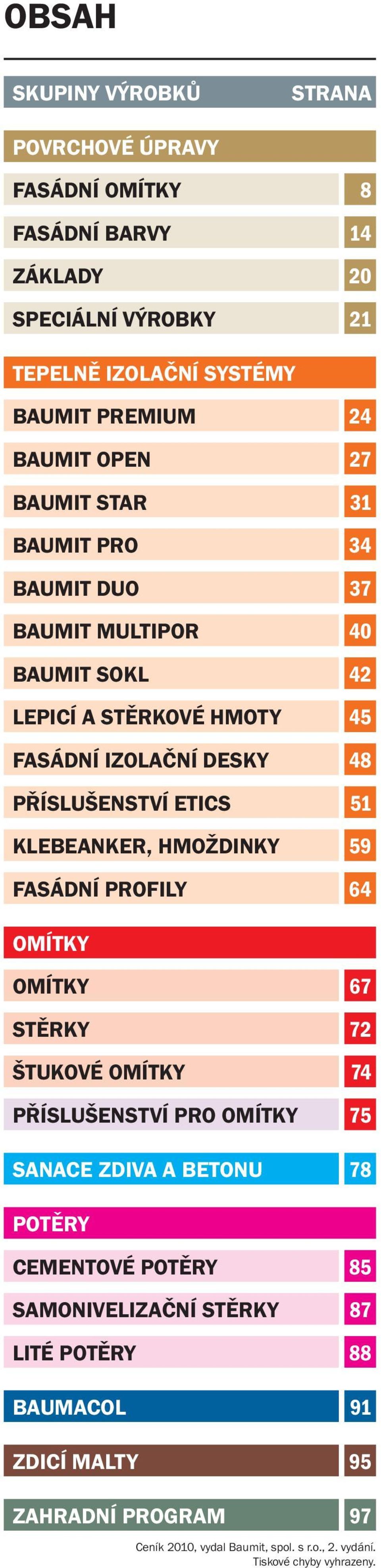 PROFILY 24 27 31 34 37 40 42 45 48 51 59 64 OMÍTKY OMÍTKY STĚRKY ŠTUKOVÉ OMÍTKY PŘÍSLUŠENSTVÍ PRO OMÍTKY SANACE ZDIVA A BETONU 67 72 74 75 78 POTĚRY CEMENTOVÉ