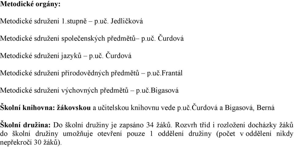 uč.čurdová a Bigasová, Berná Školní družina: Do školní družiny je zapsáno 34 žáků.