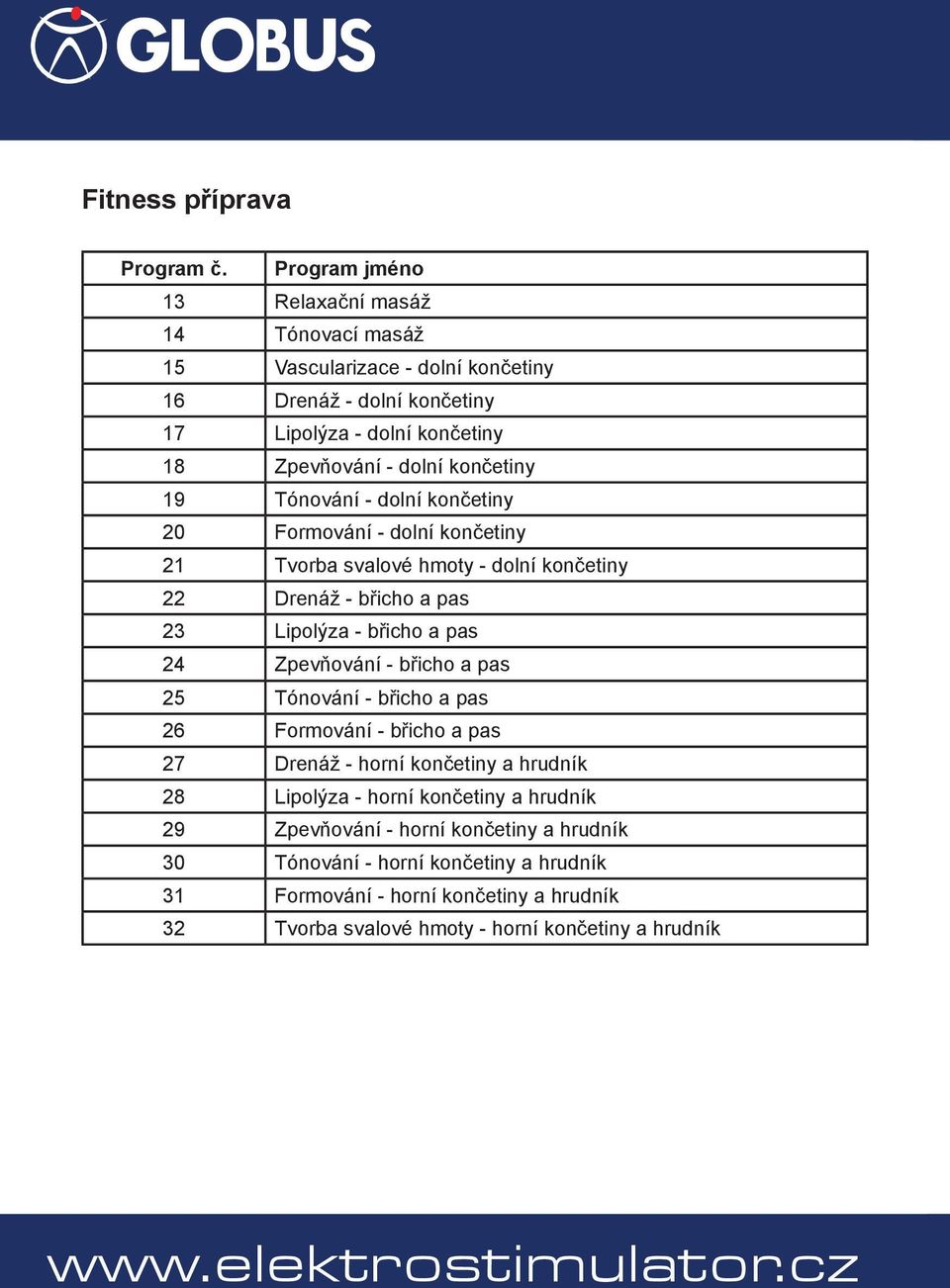 končetiny 19 Tónování - dolní končetiny 20 Formování - dolní končetiny 21 Tvorba svalové hmoty - dolní končetiny 22 Drenáž - břicho a pas 23 Lipolýza - břicho a pas 24