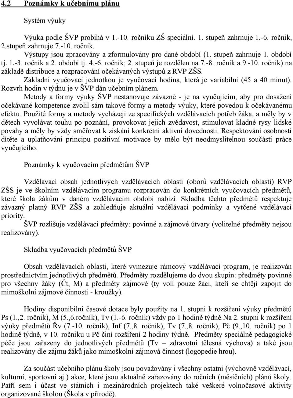 Základn vyučovac jednotkou je vyučovac hodina, která je variabiln (45 a 40 minut). Rozvrh hodin v týdnu je v ŠVP dán učebnm plánem.