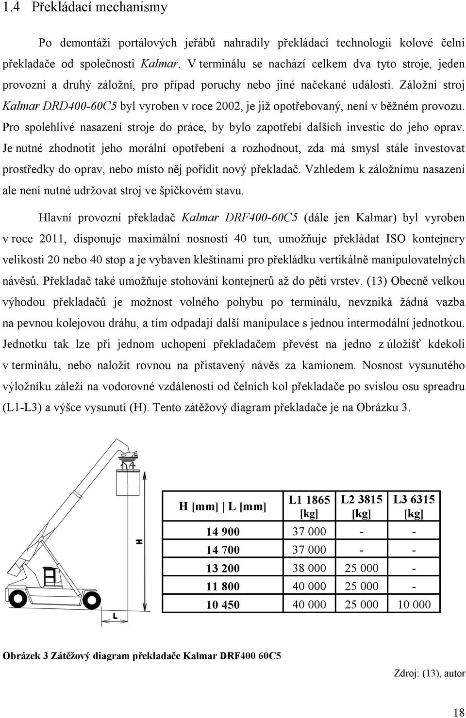 Záložní stroj Kalmar DRD400-60C5 byl vyroben v roce 2002, je již opotřebovaný, není v běžném provozu. Pro spolehlivé nasazení stroje do práce, by bylo zapotřebí dalších investic do jeho oprav.