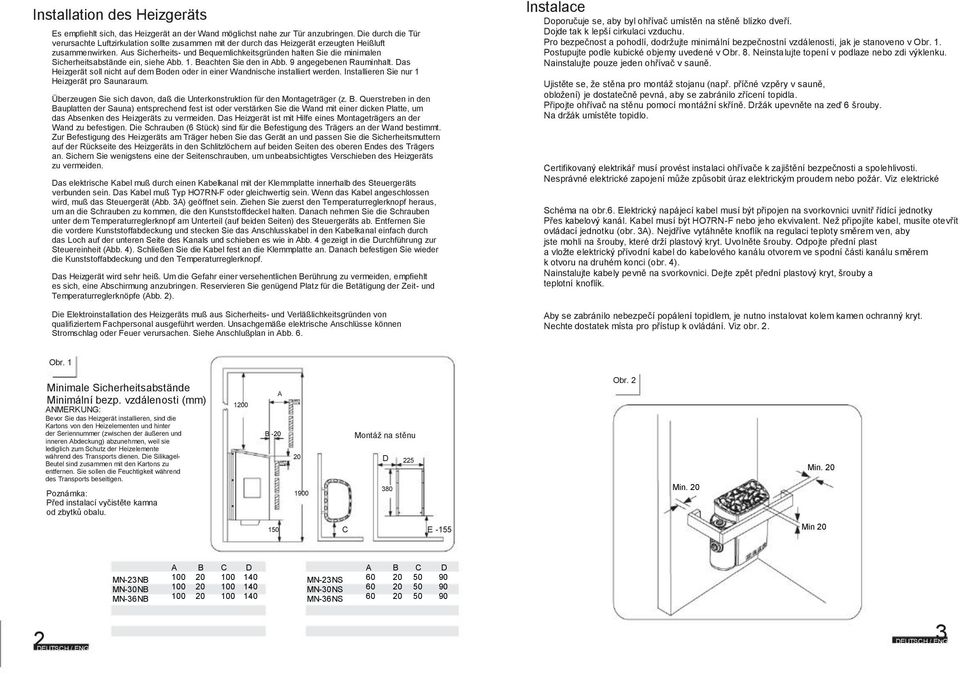 Aus Sicherheits- und Bequemlichkeitsgründen halten Sie die minimalen Sicherheitsabstände ein, siehe Abb. 1. Beachten Sie den in Abb. 9 angegebenen Rauminhalt.