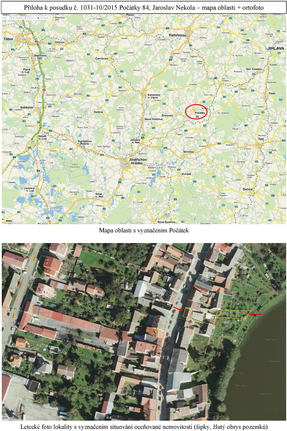 + ortofoto Mapa oblasti s vyznačením Počátek Letecké