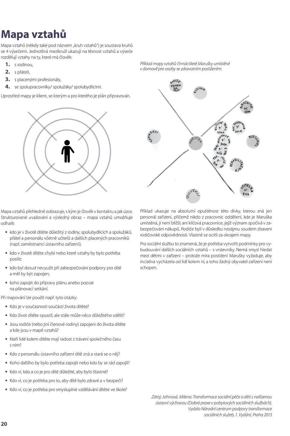 Příklad mapy vztahů čtrnáctileté Marušky umístěné v domově pro osoby se zdravotním postižením: Uprostřed mapy je klient, se kterým a pro kterého je plán připravován.