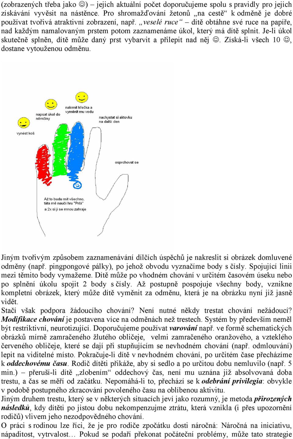 veselé ruce dítě obtáhne své ruce na papíře, nad každým namalovaným prstem potom zaznamenáme úkol, který má dítě splnit. Je-li úkol skutečně splněn, dítě může daný prst vybarvit a přilepit nad něj.