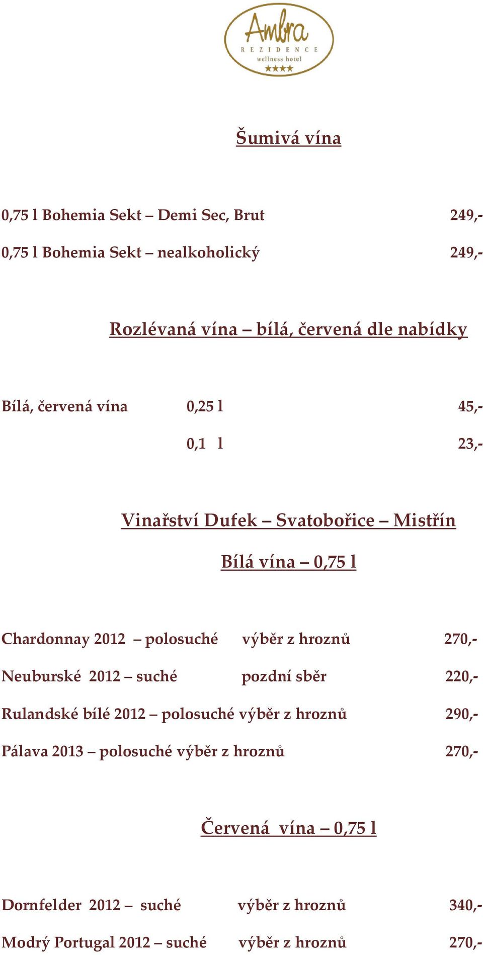 výběr z hroznů 270,- Neuburské 2012 suché pozdní sběr 220,- Rulandské bílé 2012 polosuché výběr z hroznů 290,- Pálava 2013