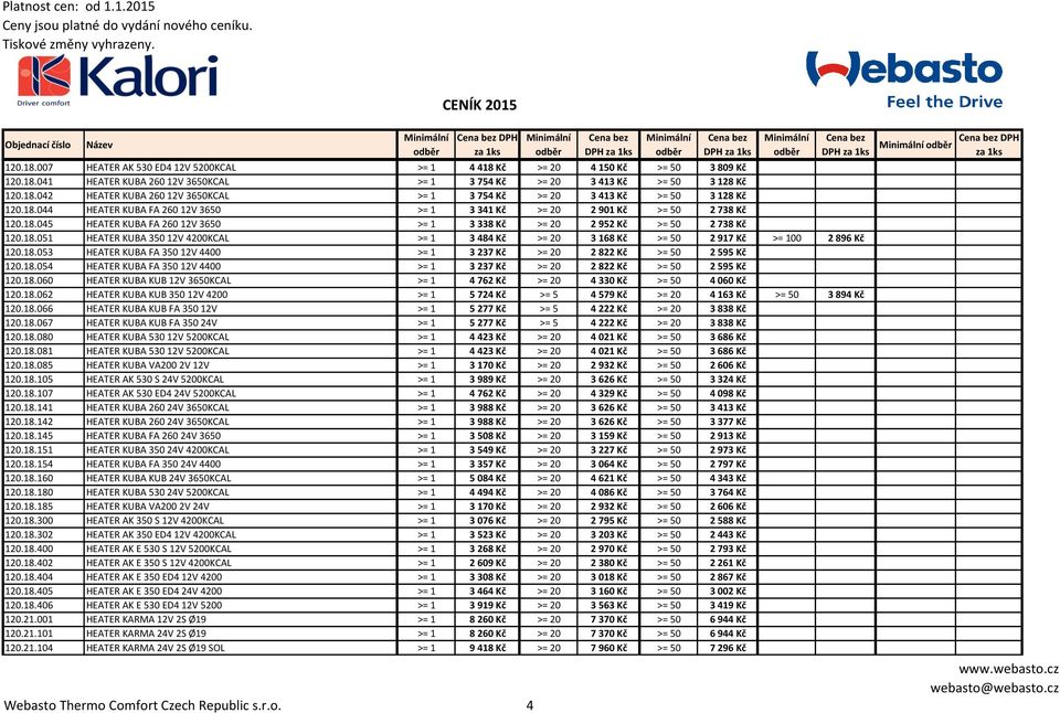 18.053 HEATER KUBA FA 350 12V 4400 >= 1 3 237 Kč >= 20 2 822 Kč >= 50 2 595 Kč 120.18.054 HEATER KUBA FA 350 12V 4400 >= 1 3 237 Kč >= 20 2 822 Kč >= 50 2 595 Kč 120.18.060 HEATER KUBA KUB 12V 3650KCAL >= 1 4 762 Kč >= 20 4 330 Kč >= 50 4 060 Kč 120.