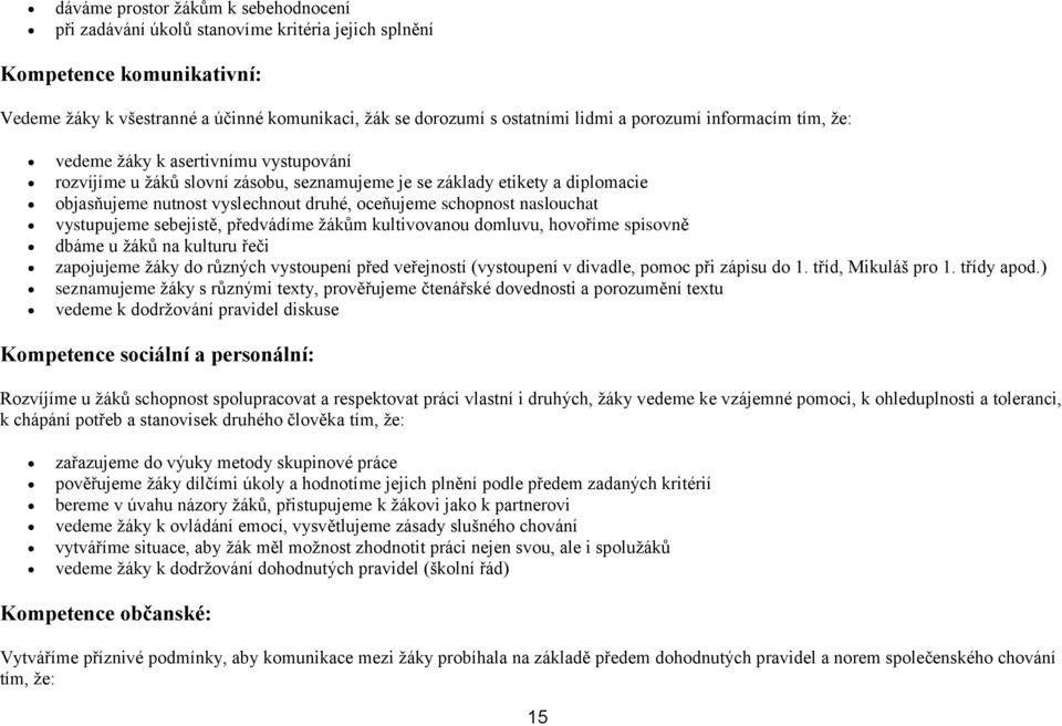 schopnost naslouchat vystupujeme sebejistě, předvádíme žákům kultivovanou domluvu, hovoříme spisovně dbáme u žáků na kulturu řeči zapojujeme žáky do různých vystoupení před veřejností (vystoupení v