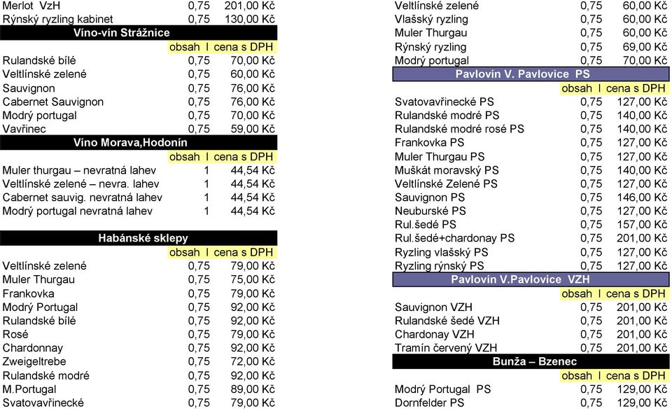 Pavlovice PS Sauvignon 0,75 76,00 Kč Cabernet Sauvignon 0,75 76,00 Kč Svatovavřinecké PS 0,75 127,00 Kč Modrý portugal 0,75 70,00 Kč Rulandské modré PS 0,75 140,00 Kč Vavřinec 0,75 59,00 Kč Rulandské