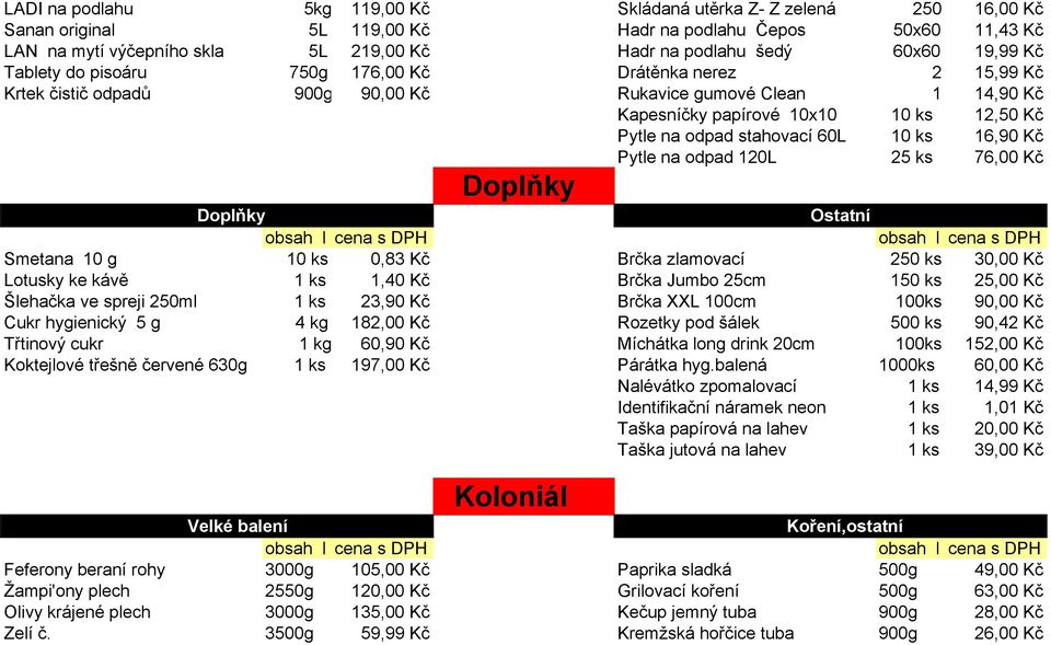 stahovací 60L 10 ks 16,90 Kč Pytle na odpad 120L 25 ks 76,00 Kč Doplňky Doplňky Ostatní Smetana 10 g 10 ks 0,83 Kč Brčka zlamovací 250 ks 30,00 Kč Lotusky ke kávě 1 ks 1,40 Kč Brčka Jumbo 25cm 150 ks