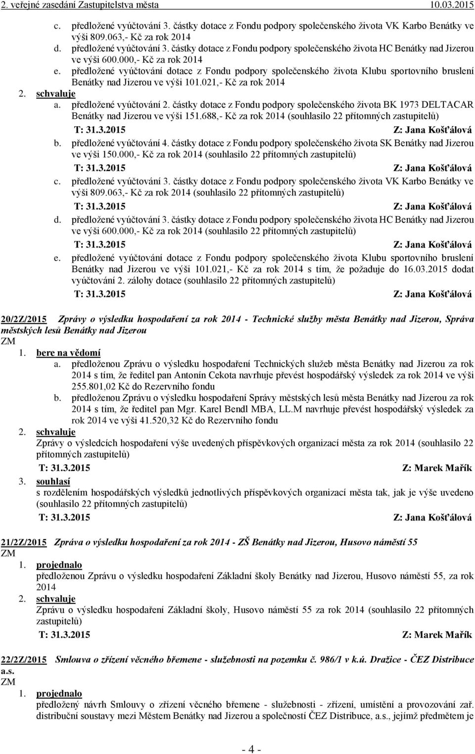 částky dotace z Fondu podpory společenského života BK 1973 DELTACAR Benátky nad Jizerou ve výši 151.688,- Kč za rok 2014 (souhlasilo 22 přítomných zastupitelů) b. předložené vyúčtování 4.