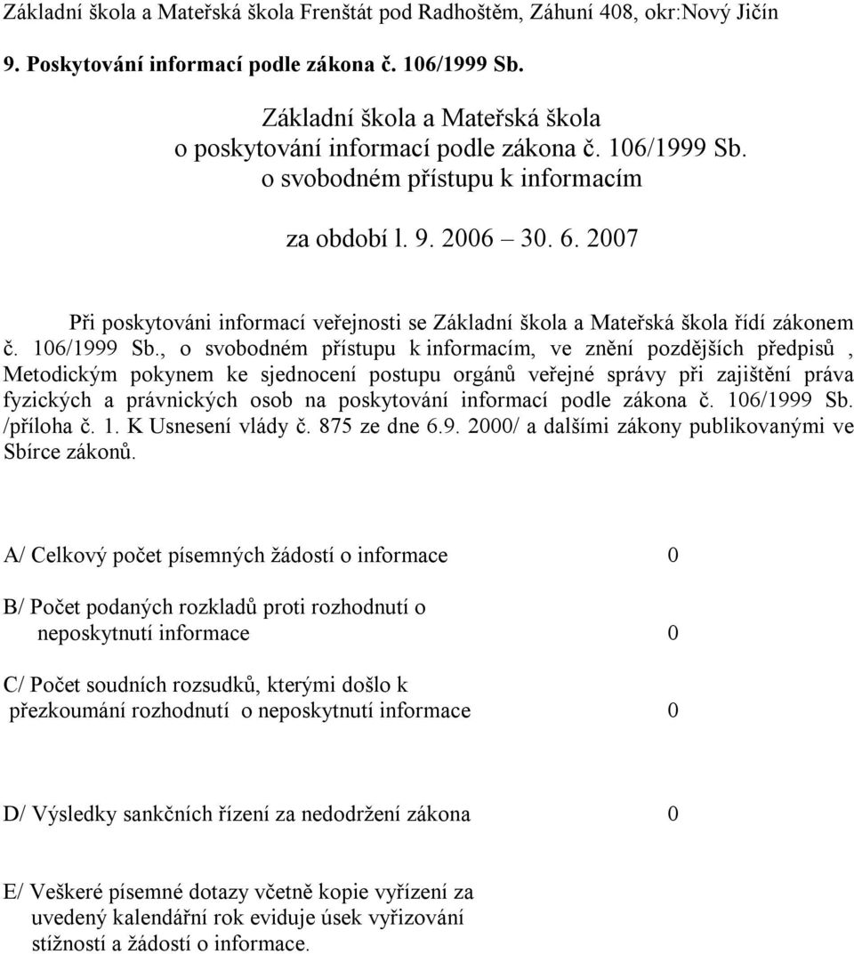 , o svobodném přístupu k informacím, ve znění pozdějších předpisů, Metodickým pokynem ke sjednocení postupu orgánů veřejné správy při zajištění práva fyzických a právnických osob na poskytování