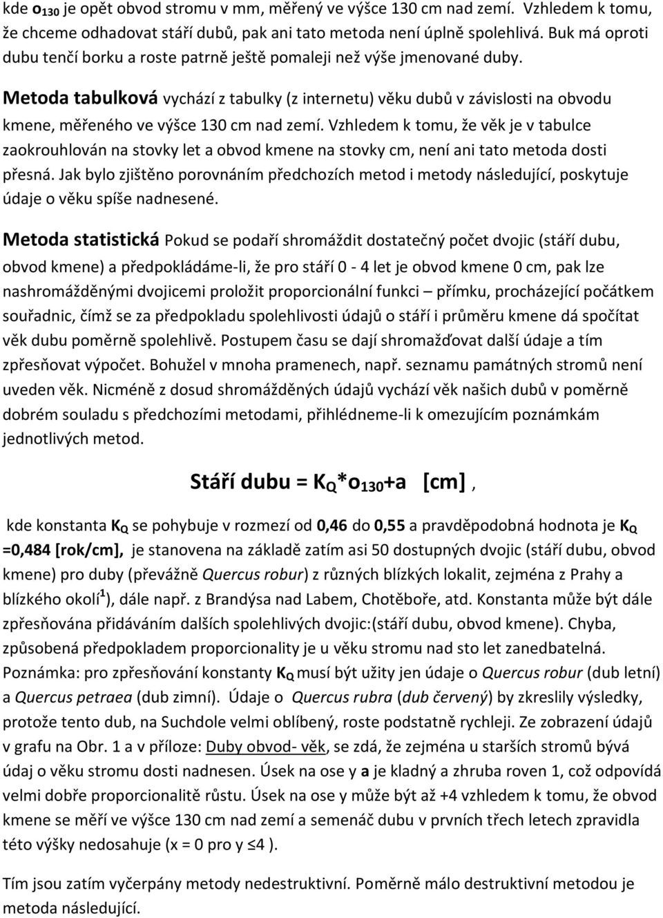 Metoda tabulková vychází z tabulky (z internetu) věku dubů v závislosti na obvodu kmene, měřeného ve výšce 130 cm nad zemí.