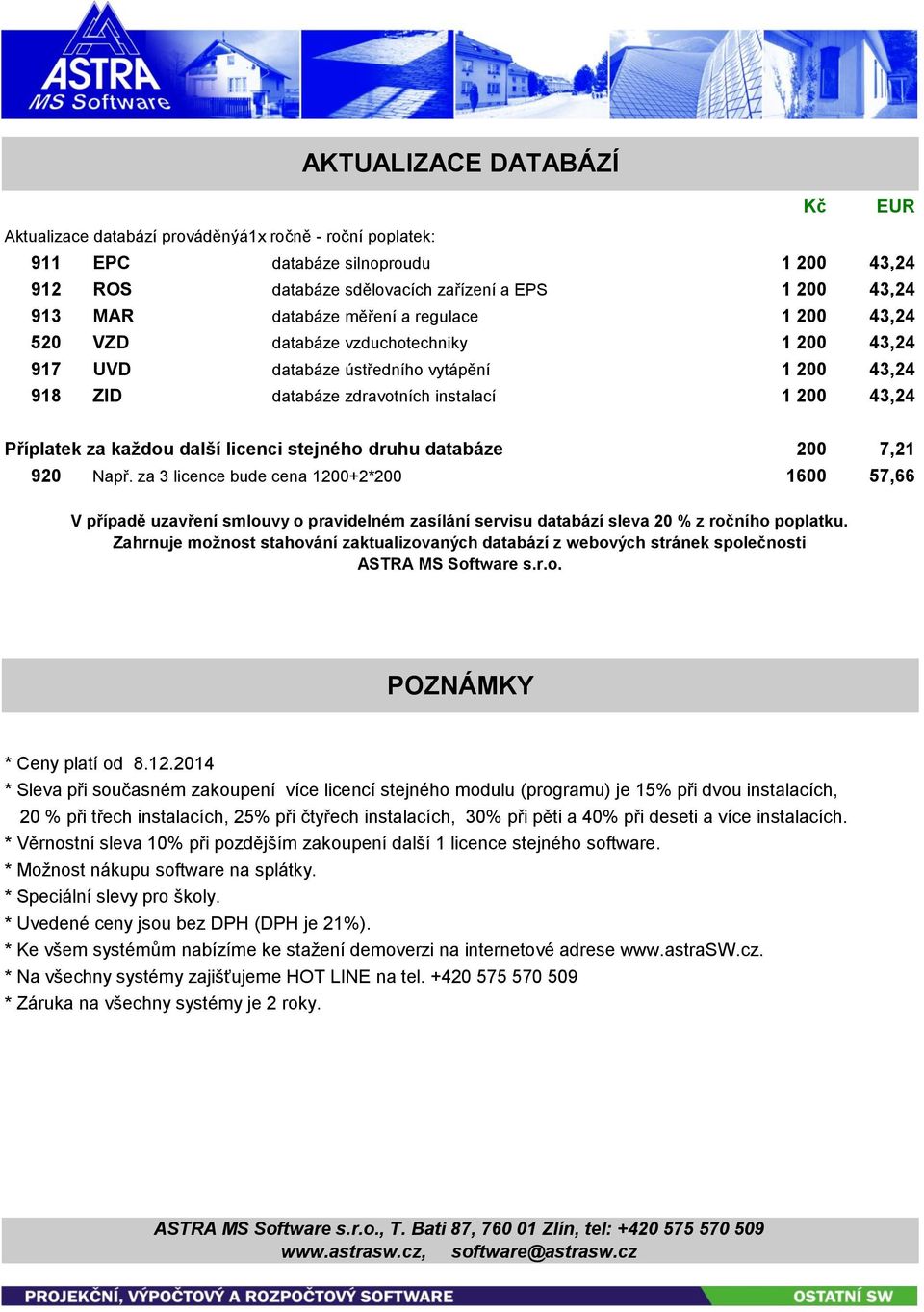 další licenci stejného druhu databáze 200 7,21 920 Např. za 3 licence bude cena 1200+2*200 1600 57,66 V případě uzavření smlouvy o pravidelném zasílání servisu databází sleva 20 % z ročního poplatku.