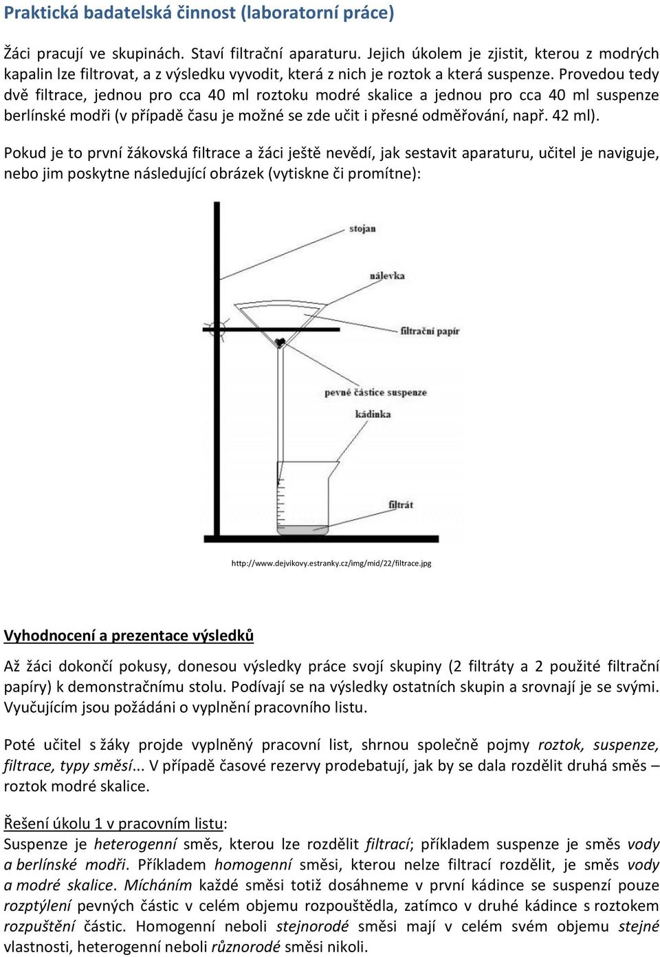 Provedou tedy dvě filtrace, jednou pro cca 40 ml roztoku modré skalice a jednou pro cca 40 ml suspenze berlínské modři (v případě času je možné se zde učit i přesné odměřování, např. 42 ml).