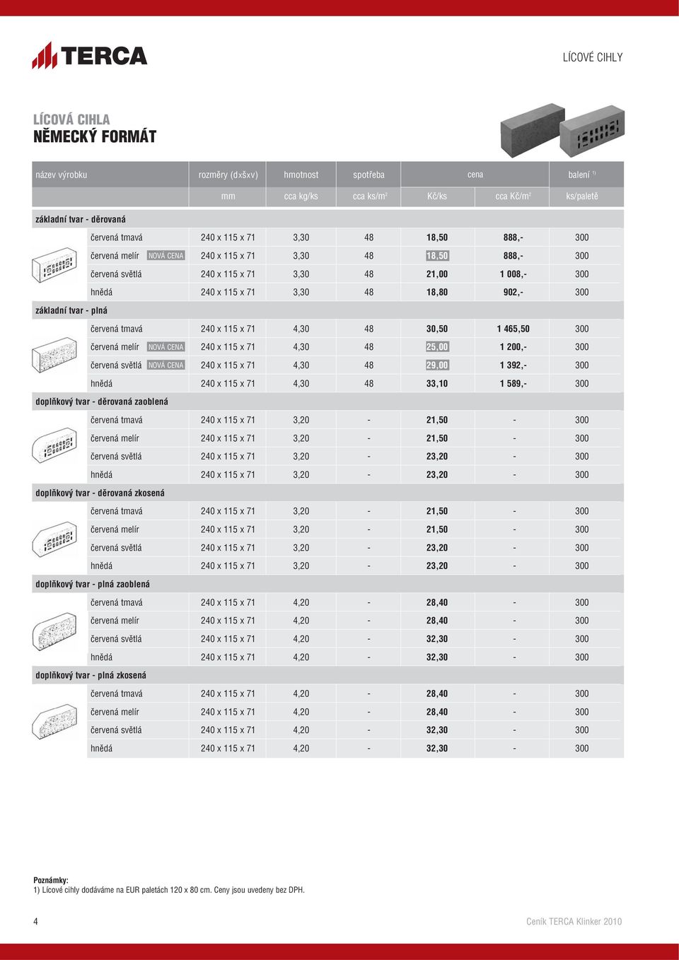 základní tvar - plná červená tmavá 240 x 115 x 71 4,30 48 30,50 1 465,50 300 červená melír NOVÁ CENA 240 x 115 x 71 4,30 48 25,00 1 200,- 300 červená světlá NOVÁ CENA 240 x 115 x 71 4,30 48 29,00 1